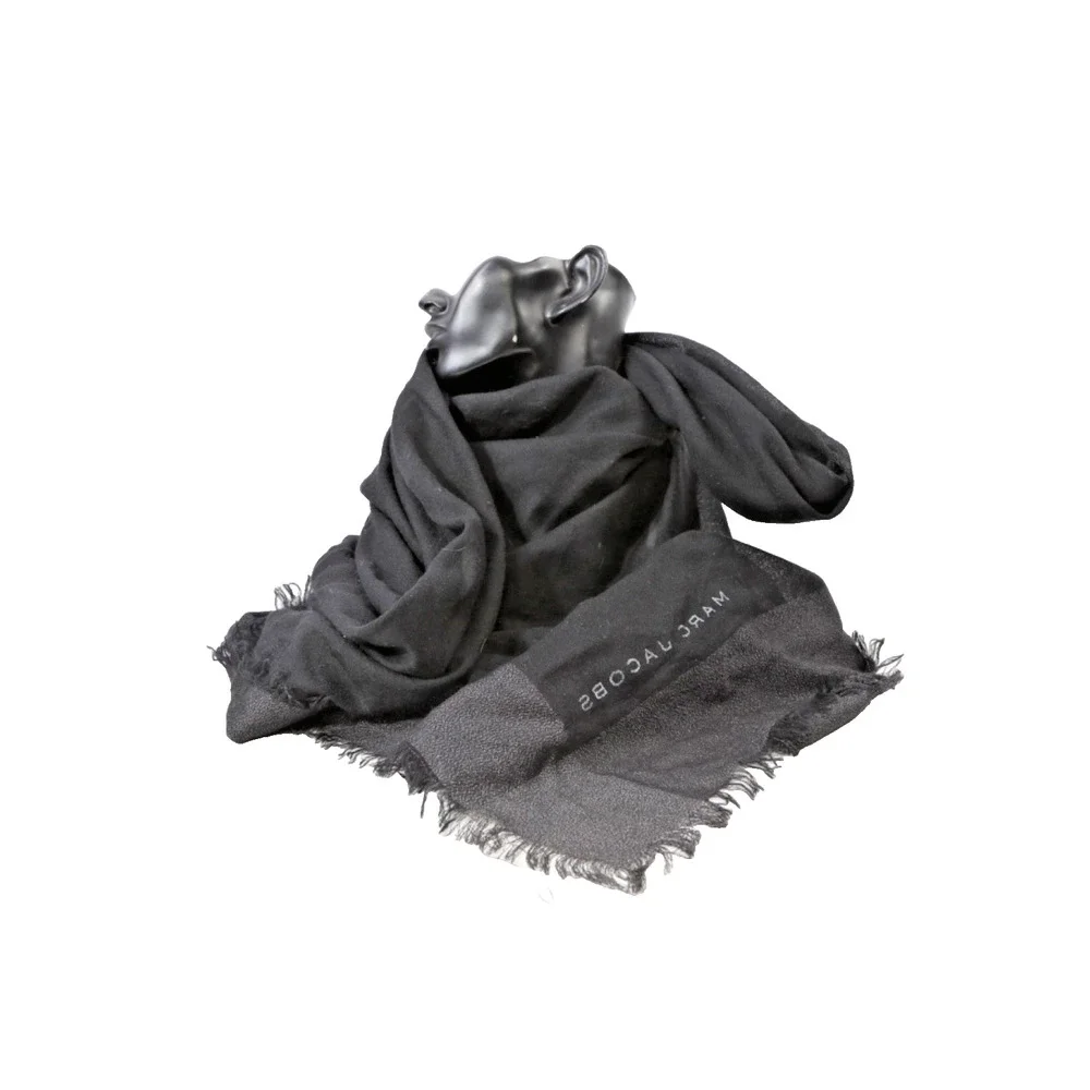 Marc Jacobs Black Logo Fringed Large Wrap Scarf Shawl Lightweight 60 x 48